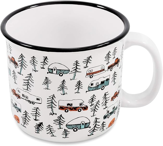 Camco Life is Better at The Campsite Ceramic Coffee Mug - Microwave and Dishwasher Safe - Features Sketched RVs Design - Coffee Cup Holds 14oz. (53383)