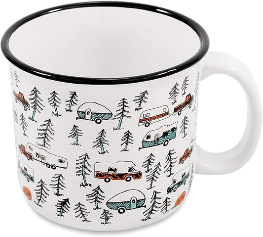 Camco Life is Better at The Campsite Ceramic Coffee Mug - Microwave and Dishwasher Safe - Features Sketched RVs Design - Coffee Cup Holds 14oz. (53383)