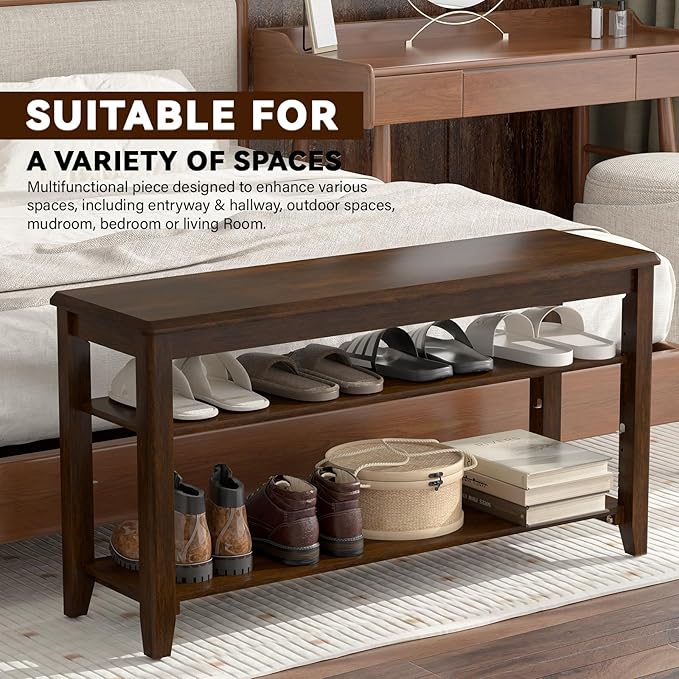 Taitiy Shoe Bench Storage Rubberwood, Entryway Bench with 3-Tiers Height Adjustable, Shoe Rack Front Door Entrance Organizer for Hallway Living Room, Mudrooms, Walnut,39.4"