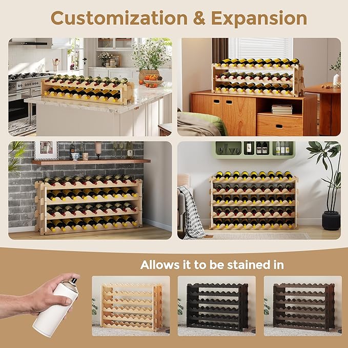 Stackable Wine Rack - 6-Tier Wobble-Free Modular Wine Holder, Freestanding Wooden Wine Storage Shelf for 750ML Bordeaux/Riesling/Burgundy Bottles, Fit Kitchen Cellar Gift for Wine Lovers(54 Bottle)