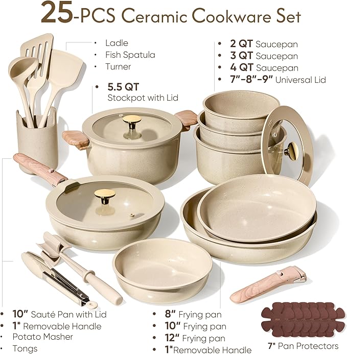 CAROTE 25PCS Ceramic Cookware Set, Pots and Pans set Non Stick, RV Kitchen Cooking Set Removable Handles, Oven Safe, Induction Cookware, Non-toxic Kitchen Cooking Set, PFAS and PFOA Free