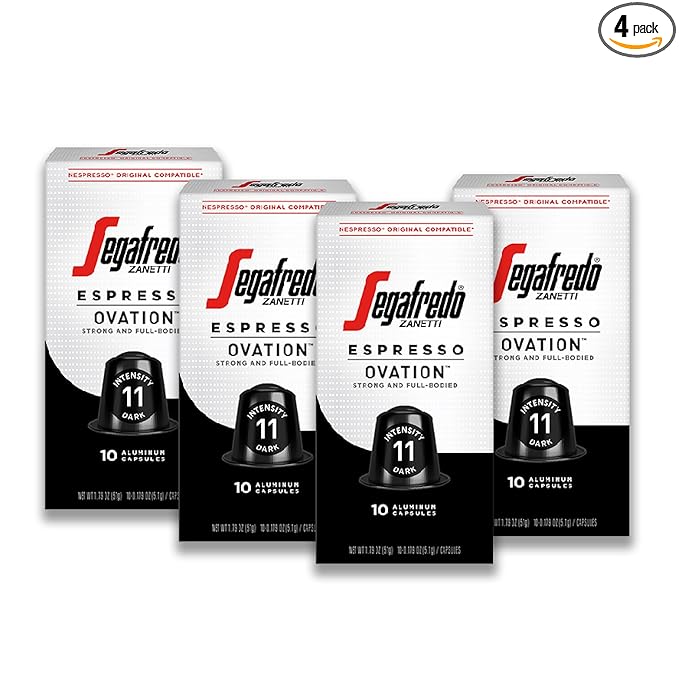 Segafredo Zanetti Espresso Capsules ??Aluminum Pods for Nespresso Original Machines ??Dark Roast Premium Espresso with a Full-Bodied Aroma ??Strong, Intensity 11 ??Ovation, 10 Count (Pack of 4)