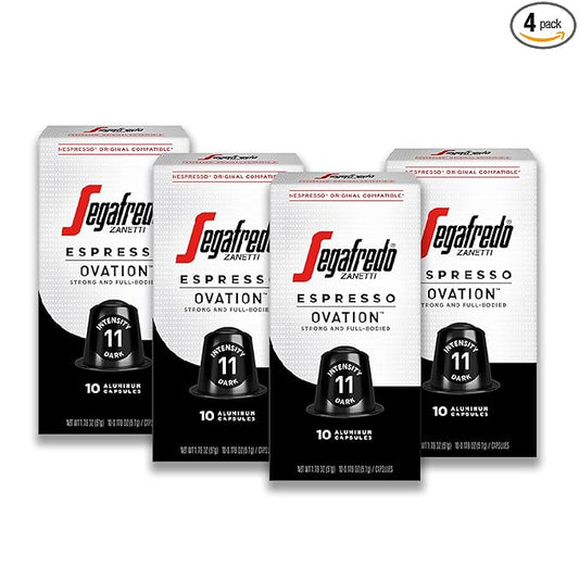 Segafredo Zanetti Espresso Capsules ??Aluminum Pods for Nespresso Original Machines ??Dark Roast Premium Espresso with a Full-Bodied Aroma ??Strong, Intensity 11 ??Ovation, 10 Count (Pack of 4)