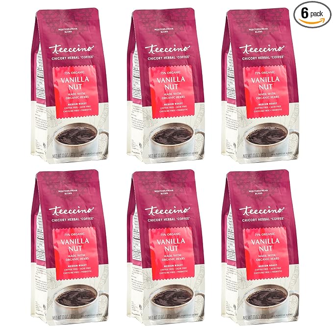 Teeccino Vanilla Nut Chicory Coffee Alternative - Ground Herbal Coffee That?™s Prebiotic, Caffeine Free & Acid Free, Medium Roast, 11 Ounce (Pack of 6)
