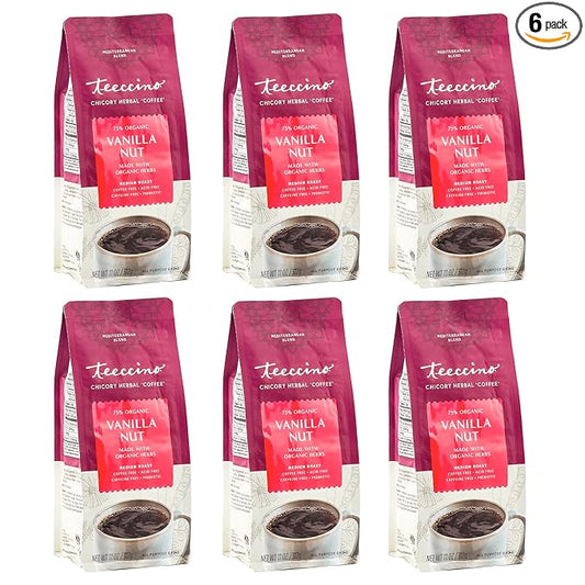 Teeccino Vanilla Nut Chicory Coffee Alternative - Ground Herbal Coffee That?™s Prebiotic, Caffeine Free & Acid Free, Medium Roast, 11 Ounce (Pack of 6)