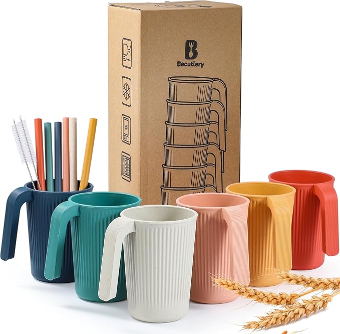 Wheat Straw Coffee Mugs 6-Pack??Unbreakable & Lightweight Cups, 12oz Stackable Cups with 6 Detachable Straws & 2 Cleaning Brushes (Colorful, 12, Fluid Ounces)