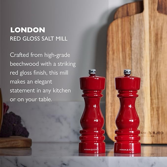 Cole & Mason London Refillable Spice Mill - Kitchen & Home Accessory - Table Salt Grinder - Salt Mill with Ceramic Mechanism - 7", Red Gloss