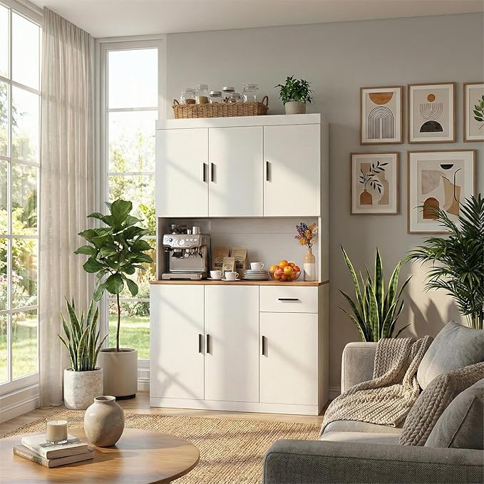 71 Inch White Pantry Cabinet with Power Outlet, Heavy-Duty Freestanding Kitchen Storage Organizer with Reinforced Frame, Pantry Hutch for Kitchen, Dining Room, Laundry Room | Extra-Wide, Heavy-Duty, Sturdy, Freestanding Storage, Reinforced Frame, Large
