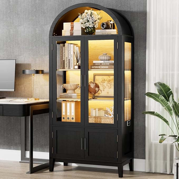 71" Kitchen Pantry Cabinet, Arched Bookcase China Pantry Storage Cabinet with Glass Doors and Shelves, Human Body Sensor, Versatile Cupboard for Kitchen, Living Room, Dining Room (Black)