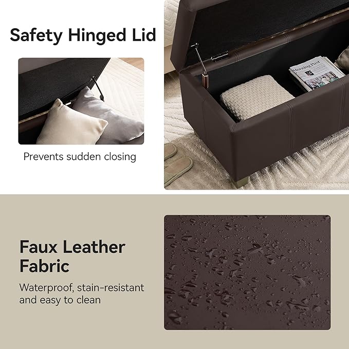 WUTUTUEE 51" Faux Leather Storage Ottoman, Stitch Tufted Rectangle Upholstered End of Bed Storage Bench, Entryway Large Couch Ottoman with Wooden Legs,Brown