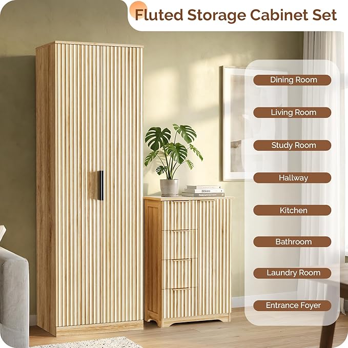 VINGLI Fluted Sideboard Buffet Cabinet, Modern Wood Storage Console with Doors and Drawers, Multi-Function Storage Cabinet for Living Room, Dining Room, Kitchen,Oak