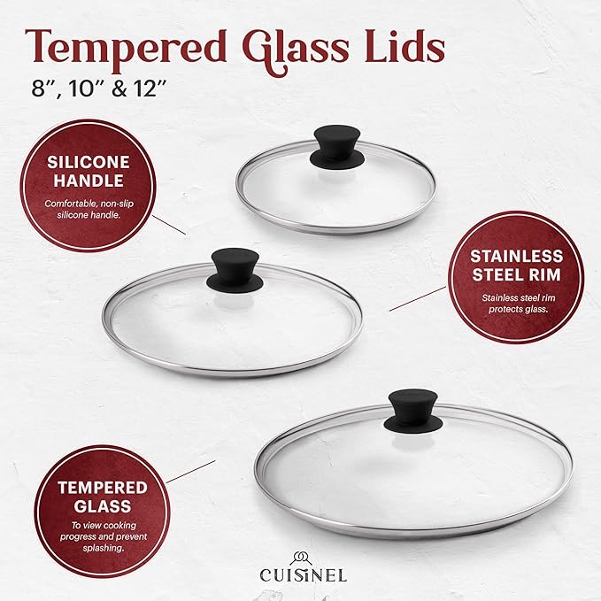 Cuisinel 8"+10"+12"-Inch Cast Iron Skillets Set with Glass Lids + Silicone Handle Holder Covers + Pan Scraper - Pre-Seasoned Oven Cookware - Use Indoor/Outdoor, Grill, Stovetop, Camping Fire, Oven