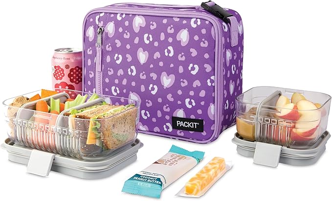 PackIt짰 Freezable Classic Lunch Box, Leopard Hearts Purple, Built with EcoFreeze짰 Technology, Reusable, Zip Closure With Zip Front Pocket and Buckle Handle, Designed for Fresh Lunch On the Go