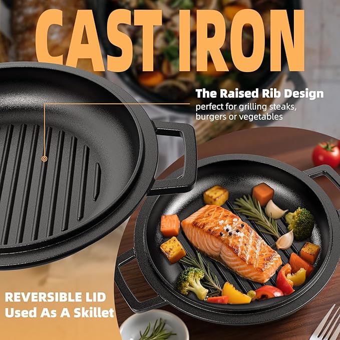 Cast Iron Dutch Oven Pot with Skillet Lid ??Pre-Seasoned ??Skillet Lid Cooking Pan??PFAS-Free ?밬mite Chef Cast Iron Skillet Cookware for Bread, Frying, Baking ??Dual Handles ??Oven, Grill, Campfire & Stovetop Safe ??Durable & Non-Toxic, 5QT