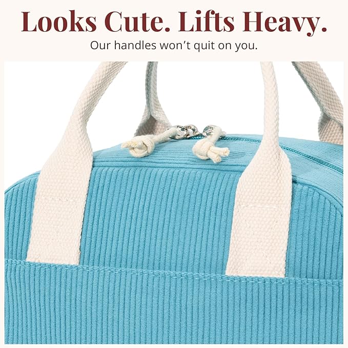 LOVELYWIND Insulated Lunch Bag for Women Men, Stylish Corduroy Tote Bag with Aluminum Lining, Large Capacity Reusable Cooler for Work, Travel, or Beach, Lake Blue Lunch Box
