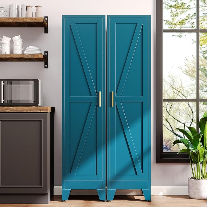 67?쏦 Blue Narrow Kitchen Cabinet, Metal Skinny Pantry Storage Cabinet,Tall Narrow Bathroom Storage Cabinet with Adjustable Shelves,Slim and Thin Pantry Cabinets for Living Room Dining Room