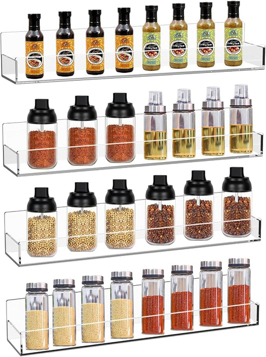 Clear Acrylic Spice Rack Wall Mounted 15 inch Floating Shelf with Removable End Guards for Kitchen Cabinet Door Cupboard Bathroom Holds Jars Nail Polish Books Toiletries (4 PCS)