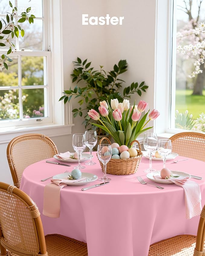 Pureegg Plastic Table Cloth Disposable 12 Pack, 84'' Round Table Cloths, Easter Party, Valentines, Mothers Day Decorations, Tablecloths, Round, Pastel Plastic Cover, Leakproof & Sturdy, Pink