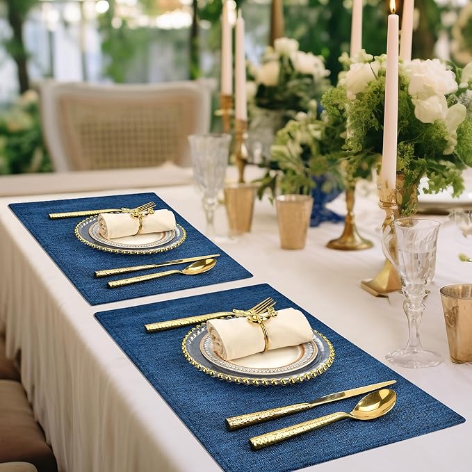 SLKQG Navy Linen-Look Fabric Placemats Set of 4, Heat Resistant & Machine Washable Double-Layered Cloth Placemats for Dining Table, Indoor/Outdoor Use, Non-Slip Kitchen Table Mats (4, Navy)