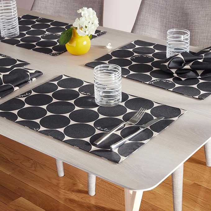 Kate Spade New York Joy Dot Placemats 4-Pack Set, Reversible, 100% Cotton, Machine Washable, Black/Beige, 13"x19"