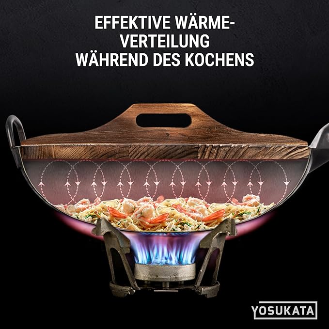 YOSUKATA Blue Round Bottom Wok Pan ??14" Stir Fry Pans Premium Wok Cover 14 inch - Wooden Lid