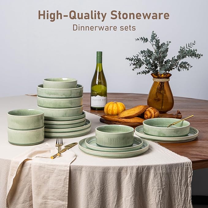 GBHOME Stoneware Dinnerware Sets for 8,Round Reactive Glaze Ceramic Plates and Bowls Set,Highly Scratch Resistant | Dishwasher & Microwave Safe Dishes Set,Service for 8(24pcs)竊똋ight Green