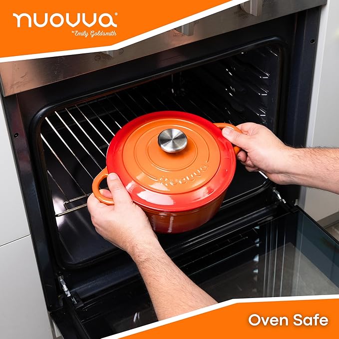 Cast Iron Pot with Lid ??Non-Stick Ovenproof Enamelled Casserole Pot, Oven Safe up to 500째 F ??Sturdy Dutch Oven Cookware ??Orange, 5-Quart, 24cm ??by Nuovva