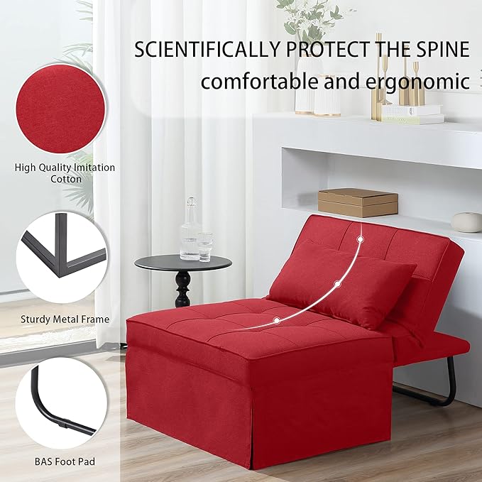 BIGSYY Sofa Bed, 4 in 1 Multi-Function Folding Ottoman Breathable Linen Couch Bed with Adjustable Backrest Modern Convertible Chair for Living Room Apartment Office, Red