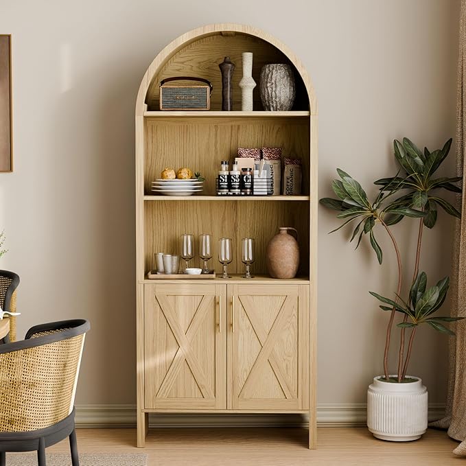 Arch Storage Cabinet with Beech-Wooden Door, 60??Arched Display Floor Cabinet, 4 Tier Farmhouse Buffet Cabinets with Storage for Dining Room, Living Room, Home Office or Kitchen (Oak)
