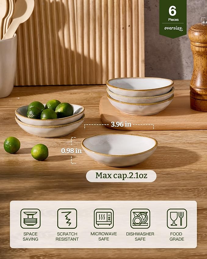 famiware Ocean Soy Sauce Dishes of 6, Oval Dipping Sauce Cups/Bowls/Dishes for Kitchen, 2.1oz Ceramic Small Bowls for Side Dish, Appetizers, Snacks, and Sushi, Reactive Glaze, Cappuccino White