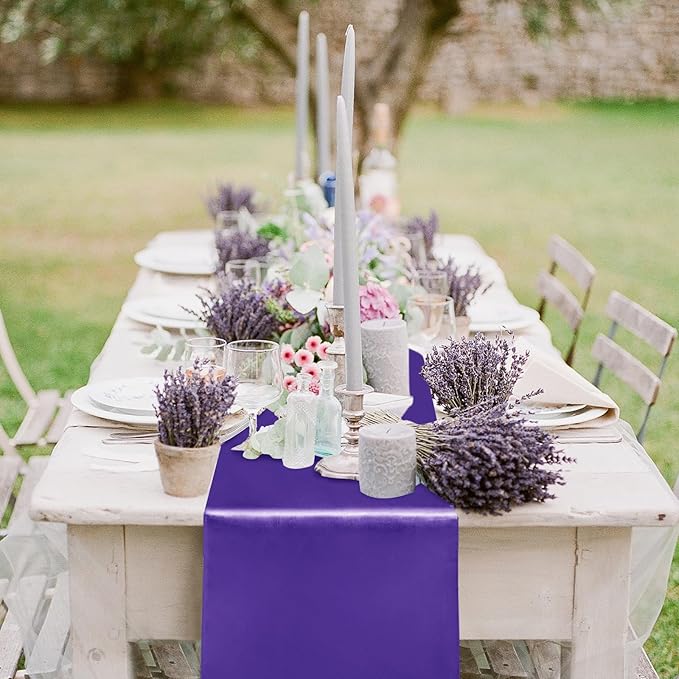 Yblut 10 Pack Satin Table Runner 12 x 108 Inch Long Purple Silk Table Runner for Wedding Party Banquet Birthday Decoration