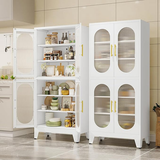 61" Pantry Storage Cabinet, Pantry Cabinets with Acrylic Glass Doors and Adjustable Shelves, Metal Kitchen Pantry Cabinet for Kitchen, Living Room, Laundry Room and Dinning Room