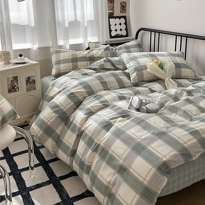 Plaid Queen Comforter Set Geometric Plaid Grid Comforter Set Fluffy Microfiber Bedding Comforter Farmhouse Checkered Comforter Set for All Season 3 Piece Plaid Bedding Comforter Set Queen Size Set