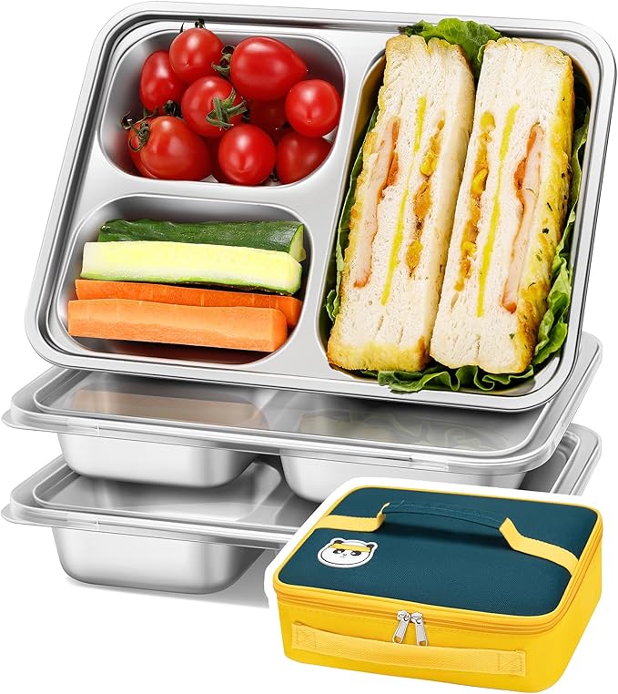 KTKUDY 3 Pack Stainless Steel Snack & Lunch Containers with Plastic Lids - Meal Prep Containers 3 Compartments - Metal Bento Lunch Boxes for Kids & Adults - Not 100% Leakproof - Toddler & Kids Plates