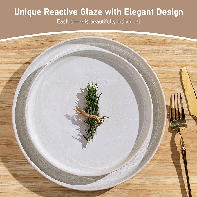 GBHOME Stoneware Dinnerware Sets for 6,Round Reactive Glaze Ceramic Plates and Bowls Set,Highly Scratch Resistant | Dishwasher & Microwave Safe Dishes Set,Service for 6(18Pcs),Sugar White