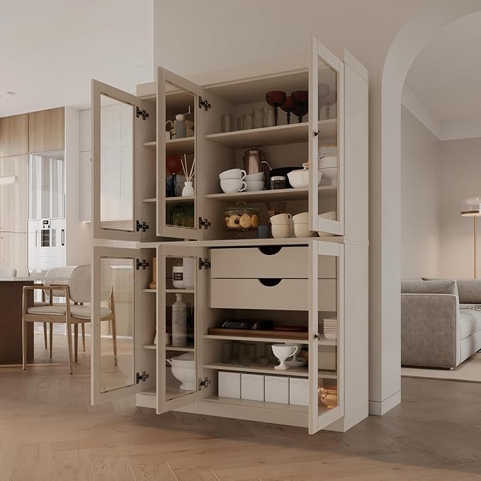 Palace Imports 100% Solid Wood 48.5" Pantry China Cabinet with Clear Glass Doors, 2-Drawers and Adjustable Shelves (Beige)