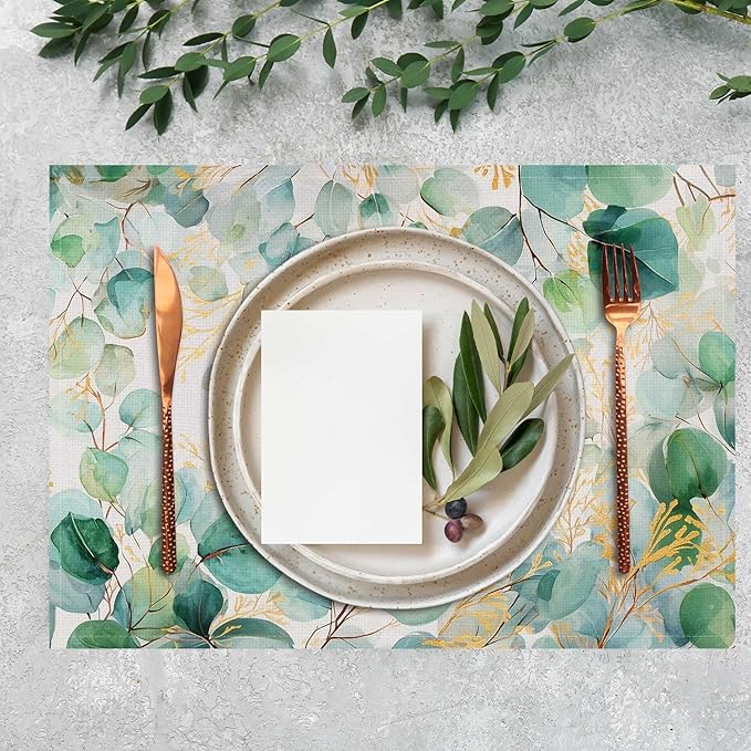 Jauageon Green Eucalyptus Leaves Placemat Set of 4 Spring Plants Placemats Spring Summer Table Mats for Indoor Outdoor Home Party Kitchen Dining Decor Farmhouse Burlap Table Mats 12x18 Inch