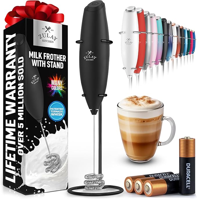 Zulay Kitchen Patented Tornado Triple Whisk Milk Frother with 4 Duracell Batteries ??Handheld Foam Maker for Coffee, Lattes, Matcha & Hot Chocolate ??Rich, Creamy Froth in Seconds