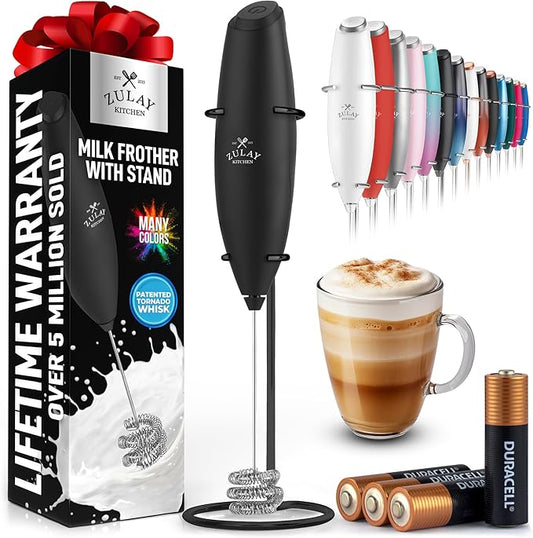 Zulay Kitchen Patented Tornado Triple Whisk Milk Frother with 4 Duracell Batteries ??Handheld Foam Maker for Coffee, Lattes, Matcha & Hot Chocolate ??Rich, Creamy Froth in Seconds