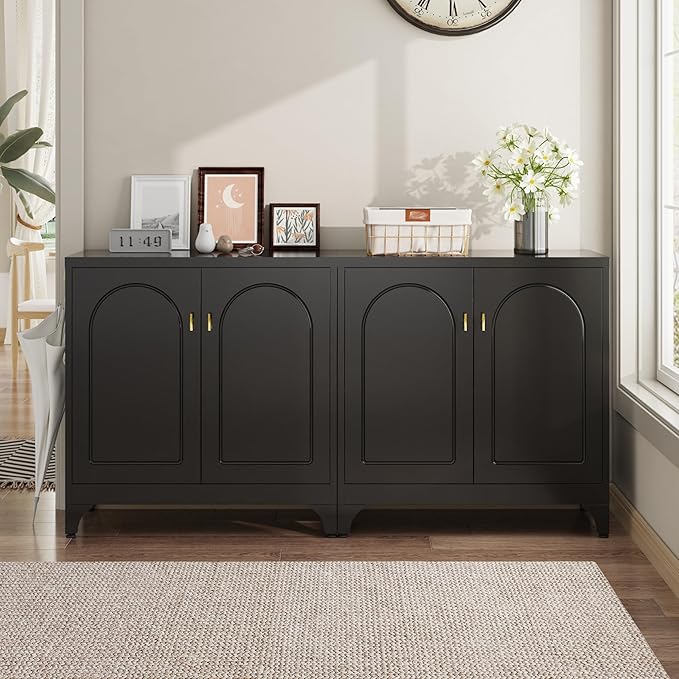 Coffee Bar Cabinet,Metal Kitchen Storage Cabinet,Buffet Cabinet with Storage and Adjustable Shelf,Black Sideboard Buffet Cabinets for Dining Room