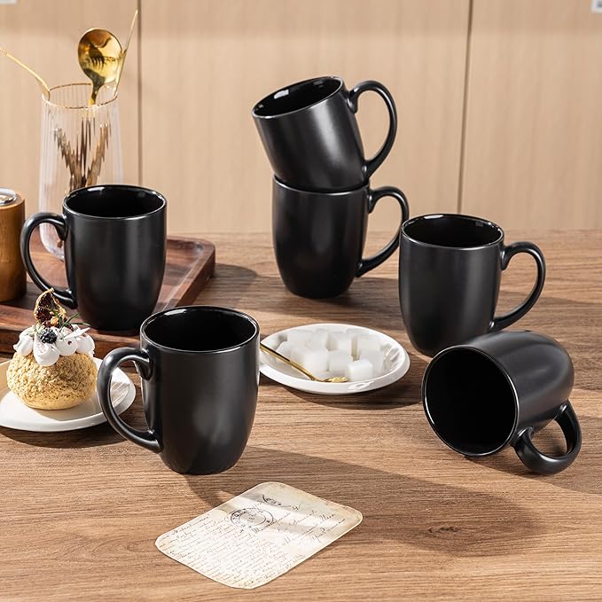 AmorArc 12oz Coffee Mugs Set of 6, Large Coffee Mugs for Men Women Dad Mom, Ceramic Coffee Cups with Large Handle for Tea/Latte/Cappuccino/Cocoa. Dishwasher&Microwave Safe, Matte Black