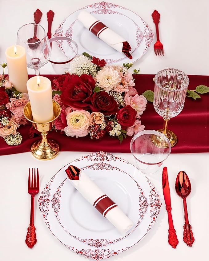 Nervure 350PCS Red Plastic Plates - White Red Plastic Dinnerware Set for 50 Guests - 100 Red Disposable Plates, 50 Pre Rolled Cutlery Set, 50 Cups Perfect for Wedding, Party
