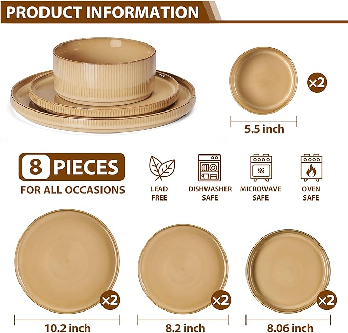 LIANYU 8 Piece Dinnerware Plates and Bowls for 2, Ceramic Elegant Stoneware Dishes Sets with Pasta Bowls, Modern Ribbed Dining Ware Dishware for Restaurant Wedding, Dishwasher Safe, Dune Khaki