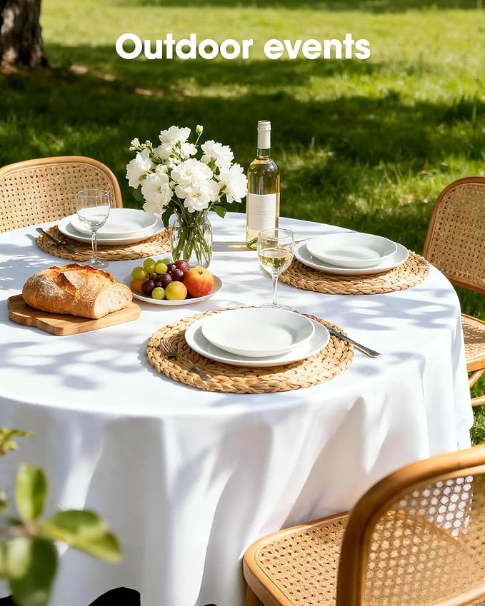 Pureegg Plastic Table Cloth Disposable 12 Pack, 84'' Round Table Cloths, Party, Picnic, Wedding, Decorative Tablecloths, Round, White Plastic Cover, Leakproof & Sturdy, White