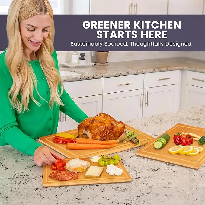 Glue-Free Surface??Extra Large Bamboo Cutting Board Set ??For Chopping Vegetables, Carving Meat, Slicing Bread, and Serving Cheese & Charcuterie for Safer Family Meal Prep ??For Health Conscious Chefs