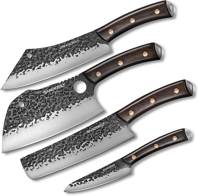 4-Piece Butcher Knife Set with 7??Cleaver, 8??Chef Knife, 8??Nakiri & 5??Utility Knife ??Hand Forged Full Tang Kitchen Knives with Sharpening Stone for BBQ, Meat, Veggies & Outdoor Cooking