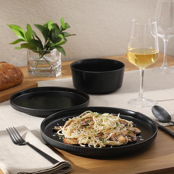 Gibson Home Dempsey Road 12-Piece Stoneware Dinnerware Set ??Service for 4, Round Black Plates and Bowls, Durable Solid Color Modern Embossed Dish Set, Microwave & Dishwasher Safe