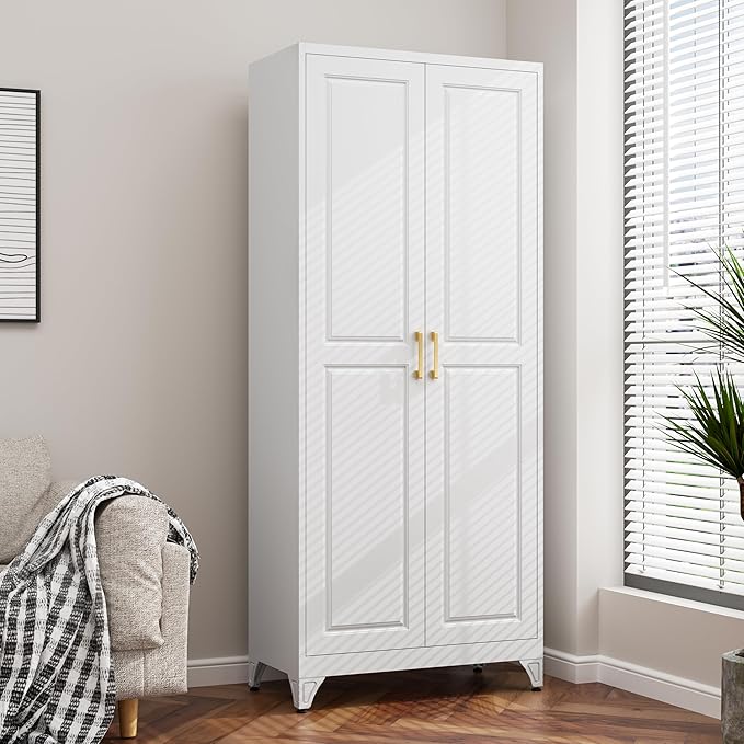75??Metal Tall Kitchen Pantry Cabinet,Metal Storage Cabinet with Doors and Adjustable Shelves,Modern Kitchen Hutch Cabinets,Freestanding Cupboard for Dining Living Room