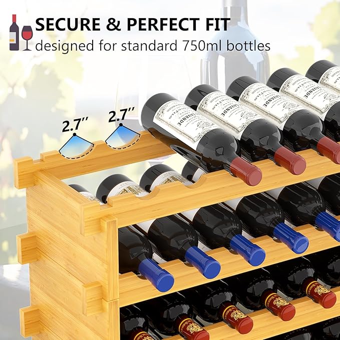 Bamboo Wine Rack Stackable, 8-Tier 72 Bottles Large Capacity, Modular Wine Storage Rack Free Standing, Floor Wine Display Shelf