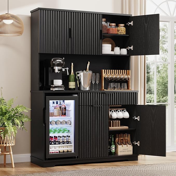 69" Kitchen Pantry with Fridge (Fridge Included), Fluted Coffee Bar Cabinet with Storage Hutch, Tall Wine Bar Cabinets with Drawers & Wide Countertop for Living Room, Dining Room, Black